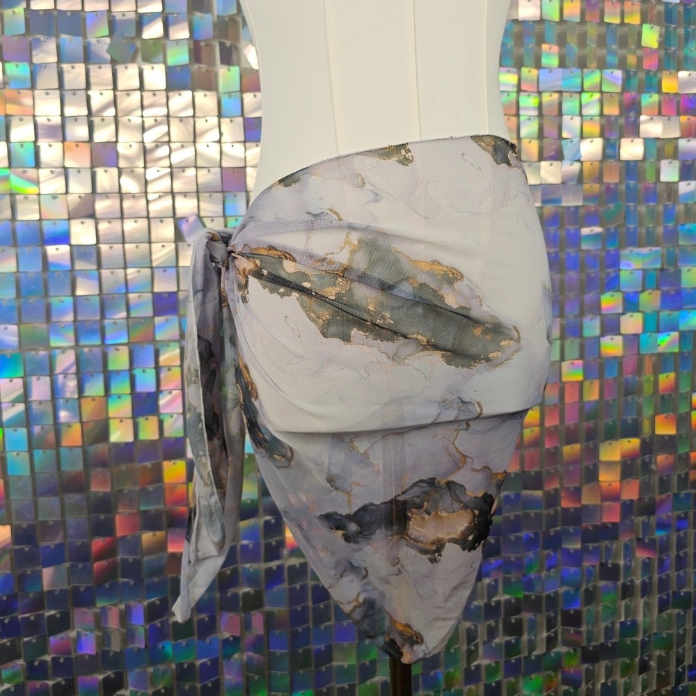 Marble Print Mesh Sarong Wrap Skirt Women OS Grey Gold Excellent Tie